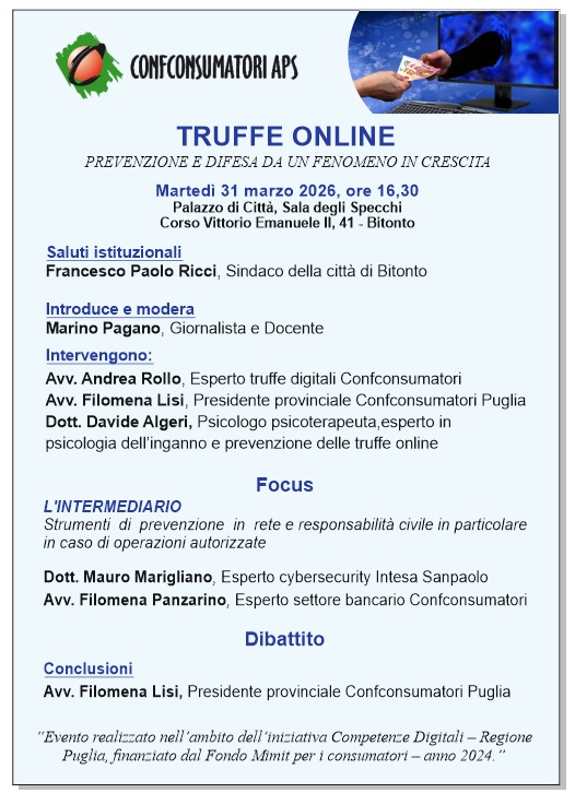 Truffe online: prevenzione e difesa da un fenomeno in crescita Incontro pubblico a Bitonto promosso da Confconsumatori APS
